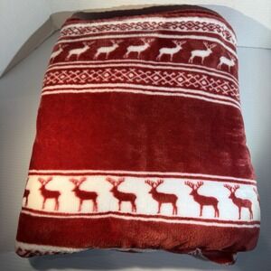 Woolrich Super Soft Fleece Blanket Christmas Reindeer Throw Red White 50" X 80"